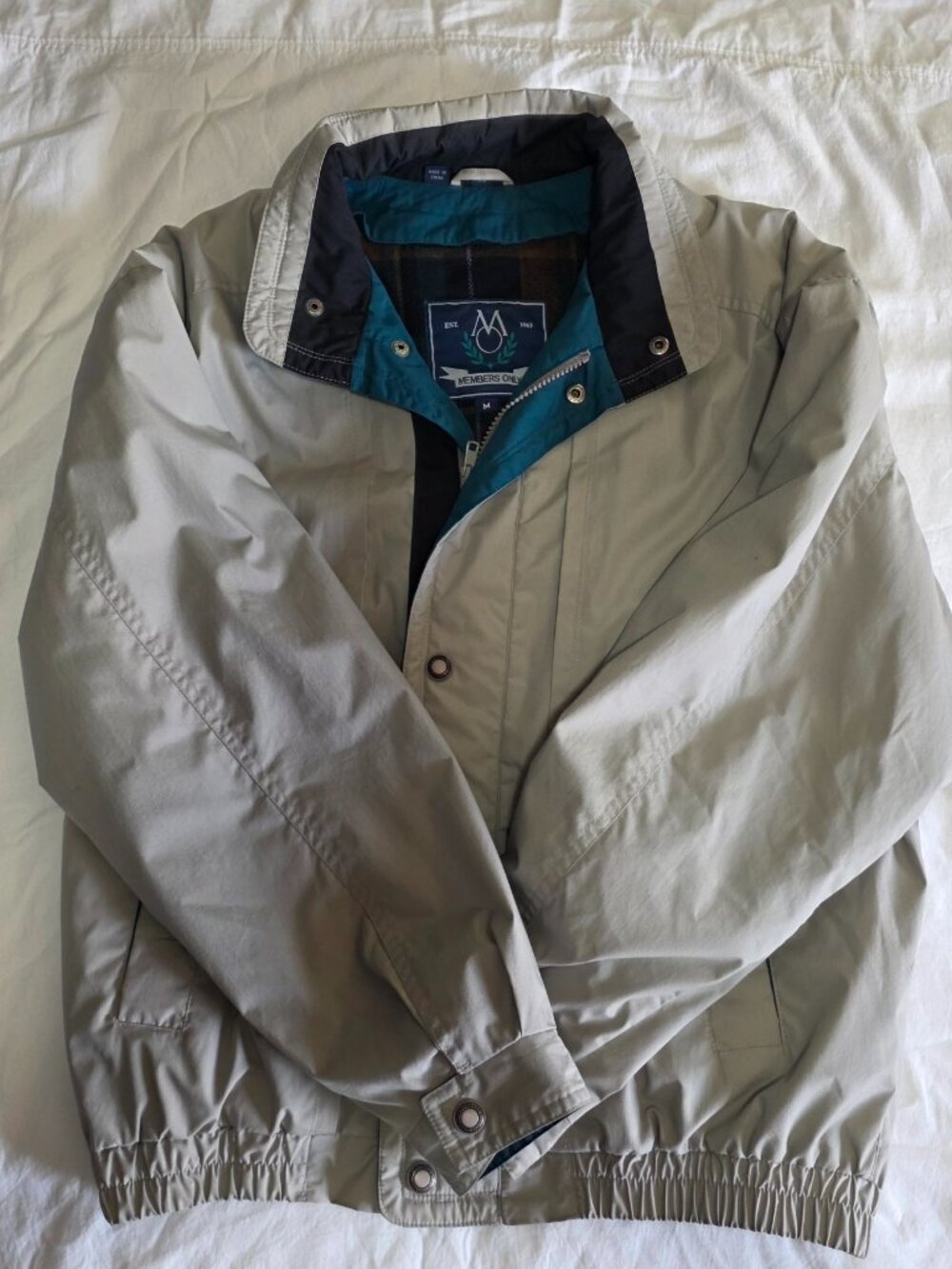 Members Only Bomber Jacket Khaki Tan Plaid Lined Retro Preppy M